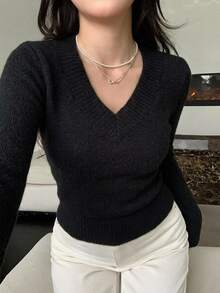 DAZY Women's Solid Color V-Neck Long Sleeve Casual Versatile Sweater, Autumn/Winter - Black - View 6