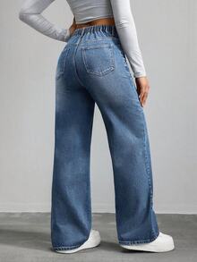 Jeanoix Y2K Plus Size Women's High Waist Wide Leg Denim Jeans, Classic Blue Loose Street Style Denim Pants - Medium Wash - View 2