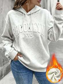 SHEIN LUNE CURVE Plus Size Women's Autumn Casual Loose Comfortable Daily All-Match Versatile Grey 3D Letter Drawstring Sweatshirt - White - View 3