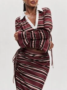 NYA SZN 女款設計師條紋拼接上衣與不對稱下擺裙套裝 - 紅色 - 查看 4
