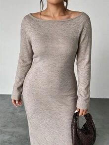 Rosumi Long Fitted Long Sleeve Round Neck Dress - Dusty Purple - View 4