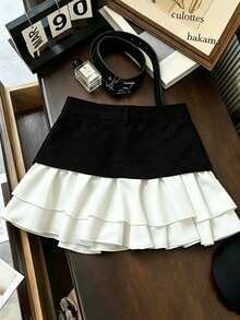 SHEIN Franclia Women's Elegant Black And White Patchwork Mini Skirt Spring Summer - Black and White - View 2