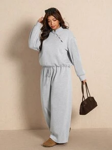 Elaquor Plus Size Women's Solid Color Long Sleeve Top And Pants Casual Daily 2 Pieces Set - Grey - View 5
