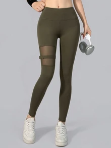 DAZY Women's Mesh Patchwork Casual Daily Wear Sports Leggings - Olive Green - View 1