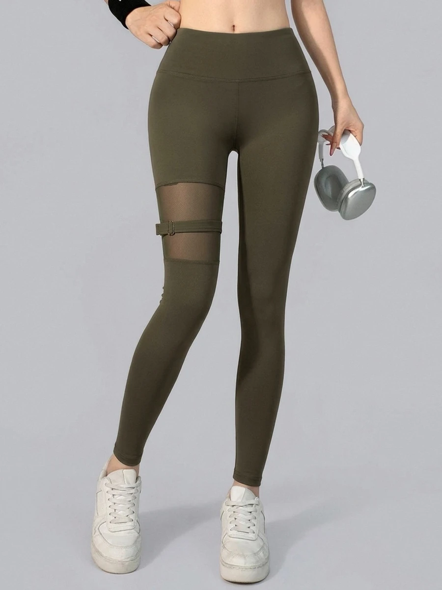 DAZY Women's Mesh Patchwork Casual Daily Wear Sports Leggings - Olive Green - View 1