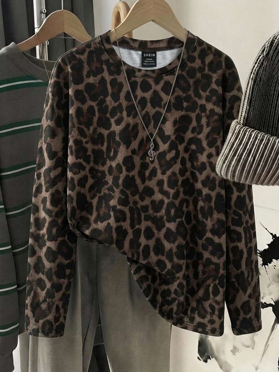 Muvela 女款休閒街頭風寬鬆連帽T恤,豹紋印花,秋季服飾,2000年代風格,Y2K,時尚,基礎款,畢業旅行,演唱會穿搭,棕色 - 彩色 - 查看 1