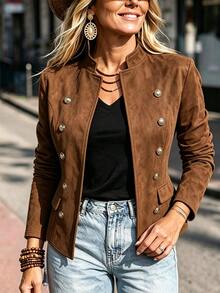 LanaWest CURVE Plus Size Women's Autumn Solid Color Suede Open Front Double-Breasted Blazer With Lapel, Cinched Waist And A-Line Hem, Elegant Commuter Jacket Fall - Dusty Pink - View 7