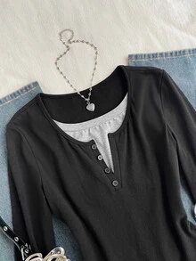 Attitoon Women's 2 In 1 Patchwork Casual Daily Long Sleeve T-Shirt - Black - View 4