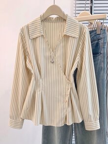 Muvela Women's Striped Button Shirt, Elegant Lapel Collar Long Sleeve Slim Fit Blouse, Ruffled Hem Wrap Top, Chic Office Work Commuter Wear For Early Spring - Black and White - View 4