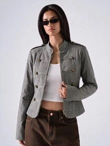 LYSMO 女款條紋雙排扣休閒百搭長袖夾克 - 彩色 - 查看 4