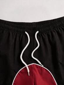 1件大童男孩街頭時尚拼接撞色白色飾邊刺繡梭織直筒長褲，對比繩飾設計，新穎時尚，舒適面料，適合多樣穿搭，夏季新品，四季皆宜 - 紅色 - 查看 4