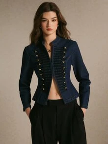 Poéselle Damjacka i denim med lång ärm, knappdesign och avslappnad Napoleon-stil - Mörktvätt - Visa 3