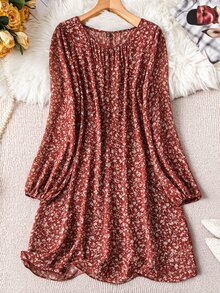 SHEIN LUNE Plus Size Floral Allover Print Short Crew Neck Long Sleeve Dress Winter Clothes - Burgundy - View 7