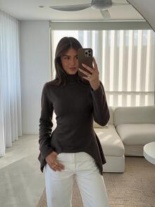 Siren Gaze Women's Solid Color High Neck Long Sleeve Asymmetric Hem Sweater - Chocolate Brown - View 4