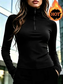 SHEIN Women's Casual Stand Collar Half Placket Long Sleeve T-Shirt - Black - View 8