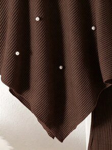 大女孩假領針織兩件套服裝 散落珍珠珠飾不對稱下擺上衣 毛絨飾邊喇叭褲 休閒棕色秋季套裝 - 棕色 - 查看 5