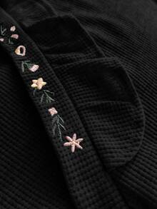 SHEIN Long Sleeve Embroidery On The Collar And Front Tie Detailed Casual Dusty Pink Lounge Set - Black - View 8