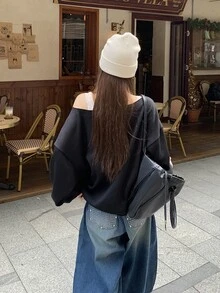DAZY Women's Letter Print Asymmetrical Shoulder Drop Sleeve Casual Loose Sweatshirt - Black - View 10