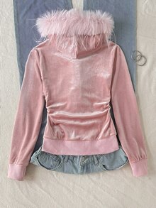 SHEIN Tween女孩秋冬休閒街頭風粉色天鵝絨小Logo刺繡袋鼠口袋人造毛飾邊連帽拉鍊外套 - 粉色 - 查看 4