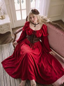 Lyrianda Plus Size Square Neck Cinched Waist A-Line Dress - Burgundy - View 3