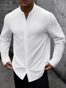 Manfinity CasualCool 男士純棉立領隱扣紋理襯衫 極簡日系休閒白色長袖襯衫 適合商務與日常穿著 - 白色 - 查看 6