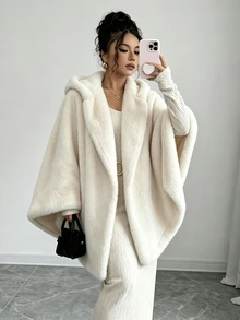 Elenzga Women's Plush Hooded Winter Cape Coat - White - View 5