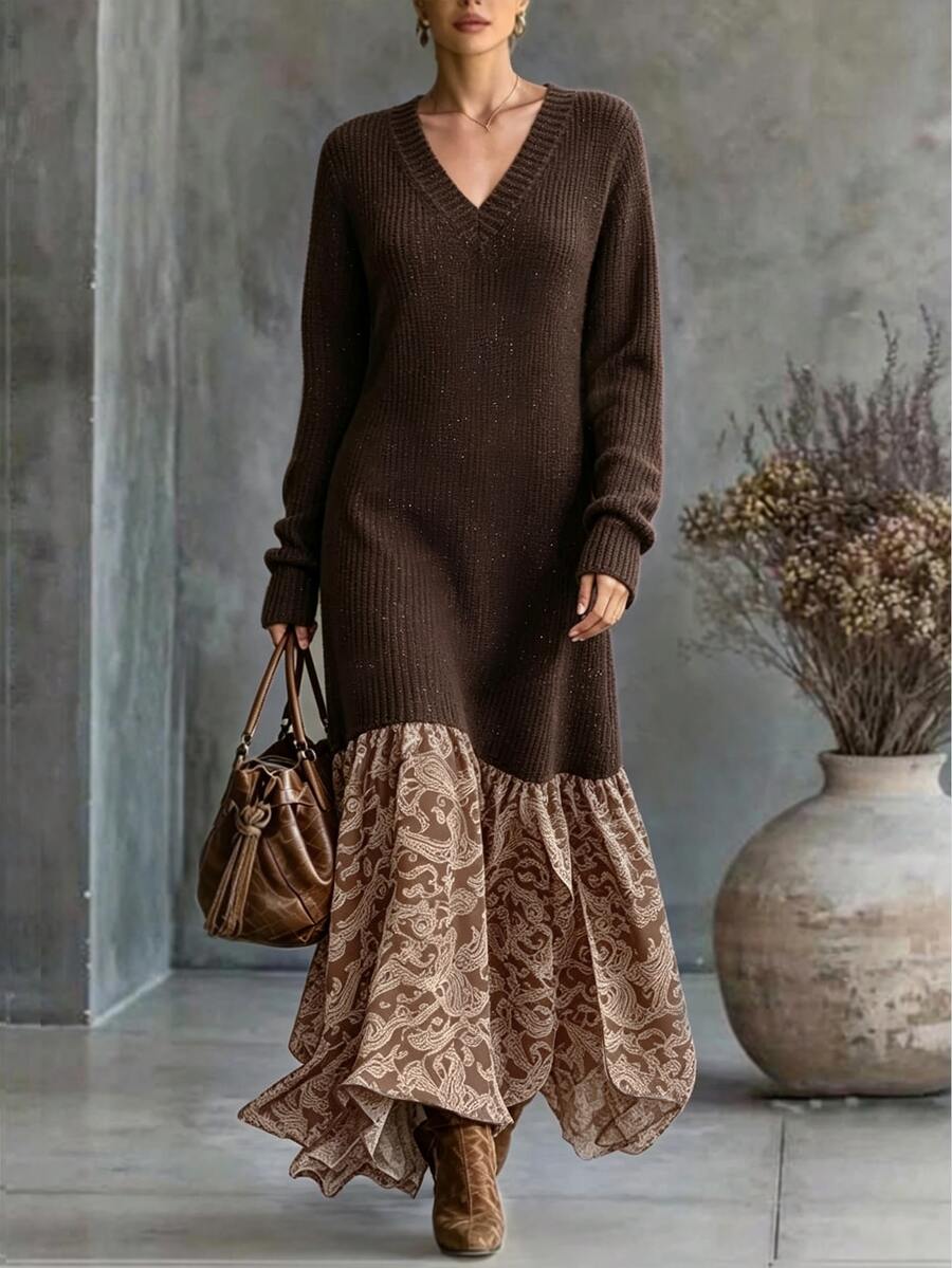 SHEIN فستان محبوك بأكمام طويلة وياقة على شكل حرف V مزين بأزرار بتصميم رقعات زرقاء وبنية للخريف/الشتاء - قهوة بني - مشاهدة 1