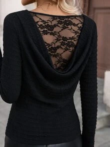 SHEIN LUNE Casual Commute Women's Long Sleeve T-Shirt, Lace Patchwork, Autumn/Winter, Daily Basic Fashion, Outwear Outfit - Black - View 6
