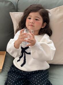 Dazy Kids Sweater Leher Bulat Lengan Lentera Tanpa Bahu dengan Hiasan Pita untuk Anak Perempuan - Krem - View 5