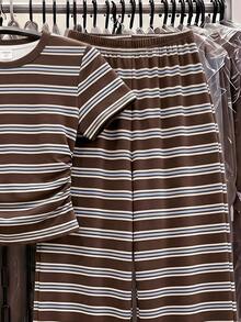 Tween Girl Striped Pattern Short Sleeve Crew Neck T-Shirt And Long Pants 2 Pieces Set - Multicolor - View 6