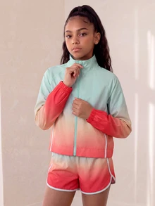 SHEIN Tween Girls Activewear Woven Gradient 2-Piece Set, Gradient Print Sports Jacket + Gradient Print Running Shorts, Suitable For Casual Sports And Yoga, All Season - Orange - View 4