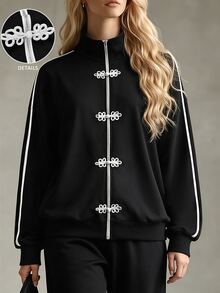 Linhara CURVE New Chinese Style Frog Button Contrast Design, White Trim Stand Collar Sweatshirt Paired With Wide Leg Pants, Suitable For Daily Casual, Commuting, Picnic - Black and White - View 1