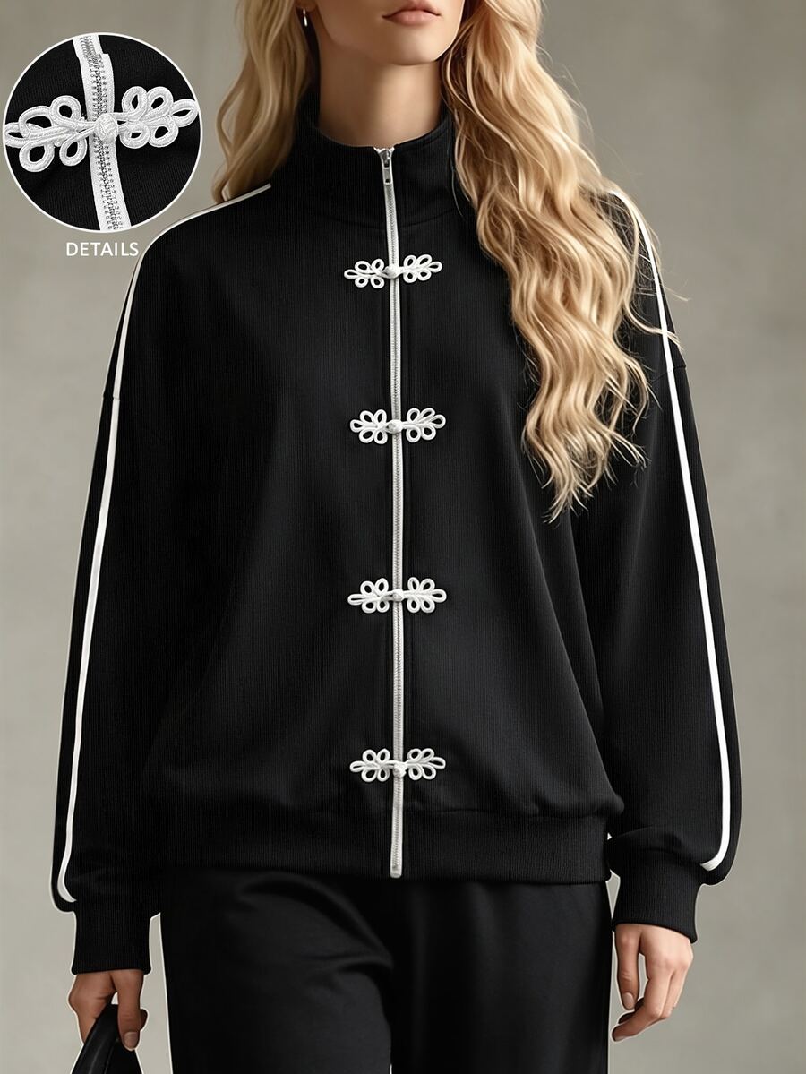 Linhara CURVE New Chinese Style Frog Button Contrast Design, White Trim Stand Collar Sweatshirt Paired With Wide Leg Pants, Suitable For Daily Casual, Commuting, Picnic - Black and White - View 1