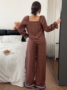 Napfluff Women's Vintage Square Neck Plaid Contrast Color Ruffle Trim Pajama Set - Brown - View 2