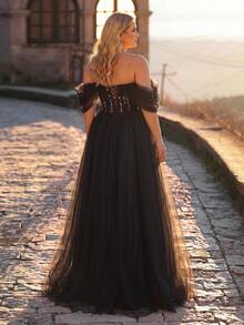 Aureia Plus Size Elegant Luxurious Beaded Embroidered Contrast Mesh Off-Shoulder Hanging Sleeve Applique Design Voluminous Extra Large Dress Suitable For Evening Party, Bachelorette Party, Date, Ball, Vacation, Wedding, Event Evening Gown (Heavy Workmanship Style) - Black - View 2