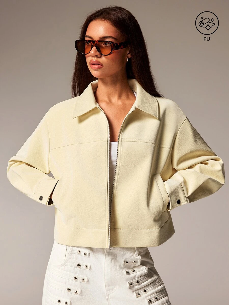 Athîral Women's Relaxed Cream Yellow PU Jacket,Textured Finish,Zip Front,Pockets,Solid,Fall,Quiet Luxury Minimalist,Minimal Streetwear,Daily Outings Everyday - Light Yellow - View 1