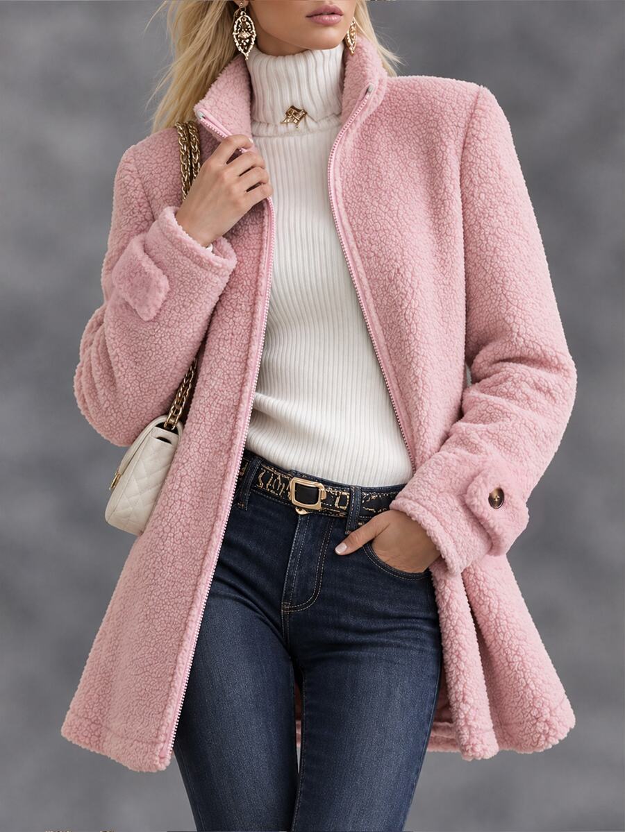 INAWLY Women's Light Pink Plush Long-Sleeve Coat For Autumn And Winter; Suitable For Halloween, Outings, Commuting, And Everyday Wear. - Pink - View 1