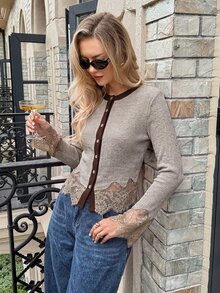 Serisse Women's Elegant Contrast Lace Trim Button Front Slim Fit Ribbed Knit Tee, Vintage Casual Long Sleeve Top, Fall Going Out Outfit - Apricot - View 3