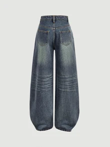SHEIN Girlism 青少年女孩 Y2K 復古寬鬆寬腿牛仔褲 2000年代風格 春秋返校穿搭 - 深色水洗藍 - 查看 2
