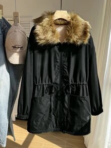 CovetEZ Plus Size Women's Faux Fur Collar Long Sleeve Drawstring Waist Zipper Front Casual Winter Jacket - Army Green - View 4