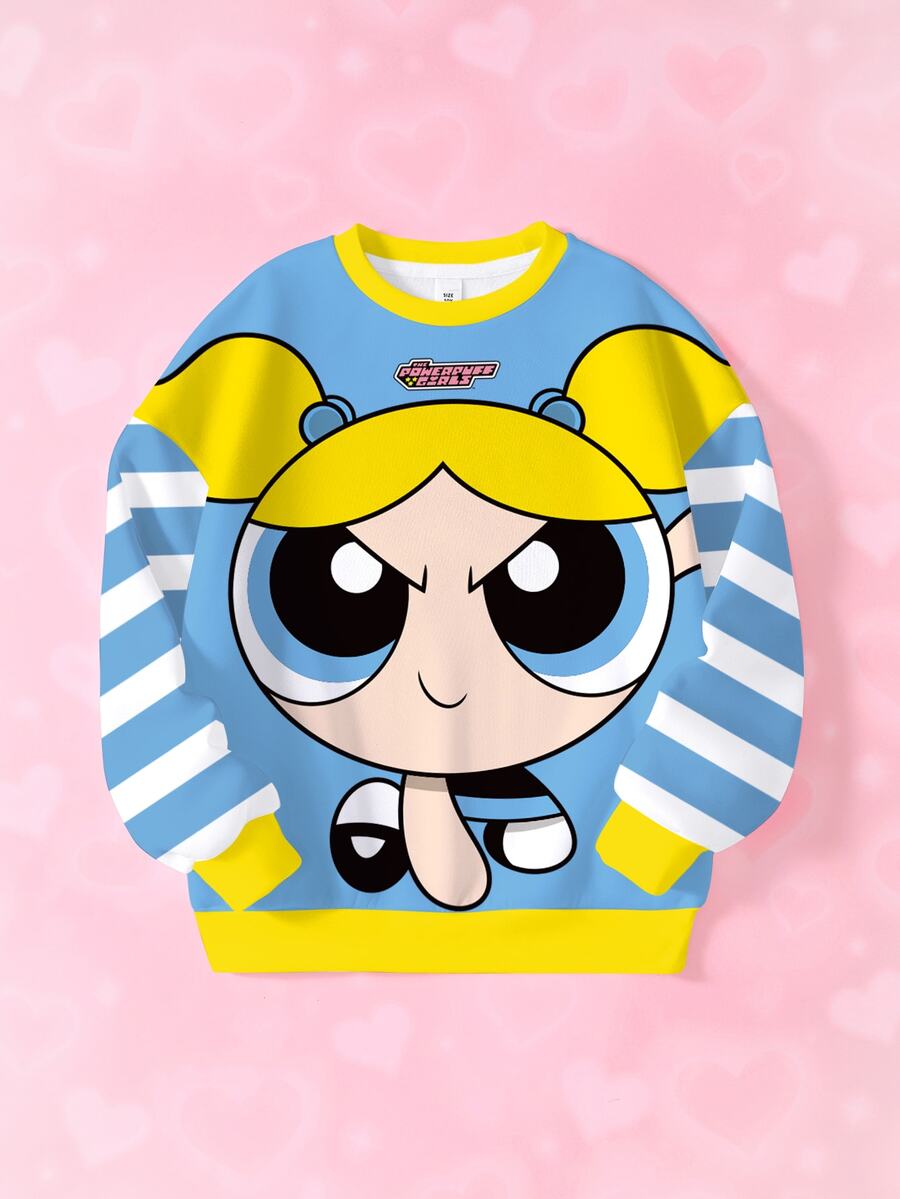 THE POWERPUFF GIRLS X SHEIN 少女條紋卡通印花圓領長袖休閒運動衫 - 白色 - 查看 1