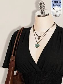 SHEIN ICON فستان نسائي صيفي أسود بسيط بلون موحد بياقة على شكل حرف V وأكمام مكشكشة وخصر مشدود قصير - الأسود - مشاهدة 6