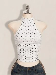 SHEIN ICON 女款波點印花修身休閒掛脖背心 - 白色 - 查看 9