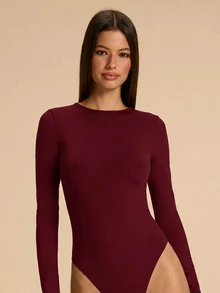 SHEIN BAE 女款純色露背長袖時尚休閒連身衣 - 酒紅色 - 查看 5