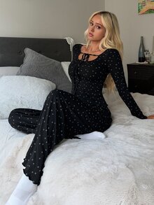 Livesso Women's Ditsy Floral Front Tie Long Sleeve Top And Long Pants Pajama Set - Black - View 4
