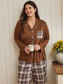 Doze Lane Set Piyama Wanita Kasual Motif Kotak-kotak Kerah Depan Terbuka Lengan Panjang dan Celana Ukuran Plus - Coklat - View 1