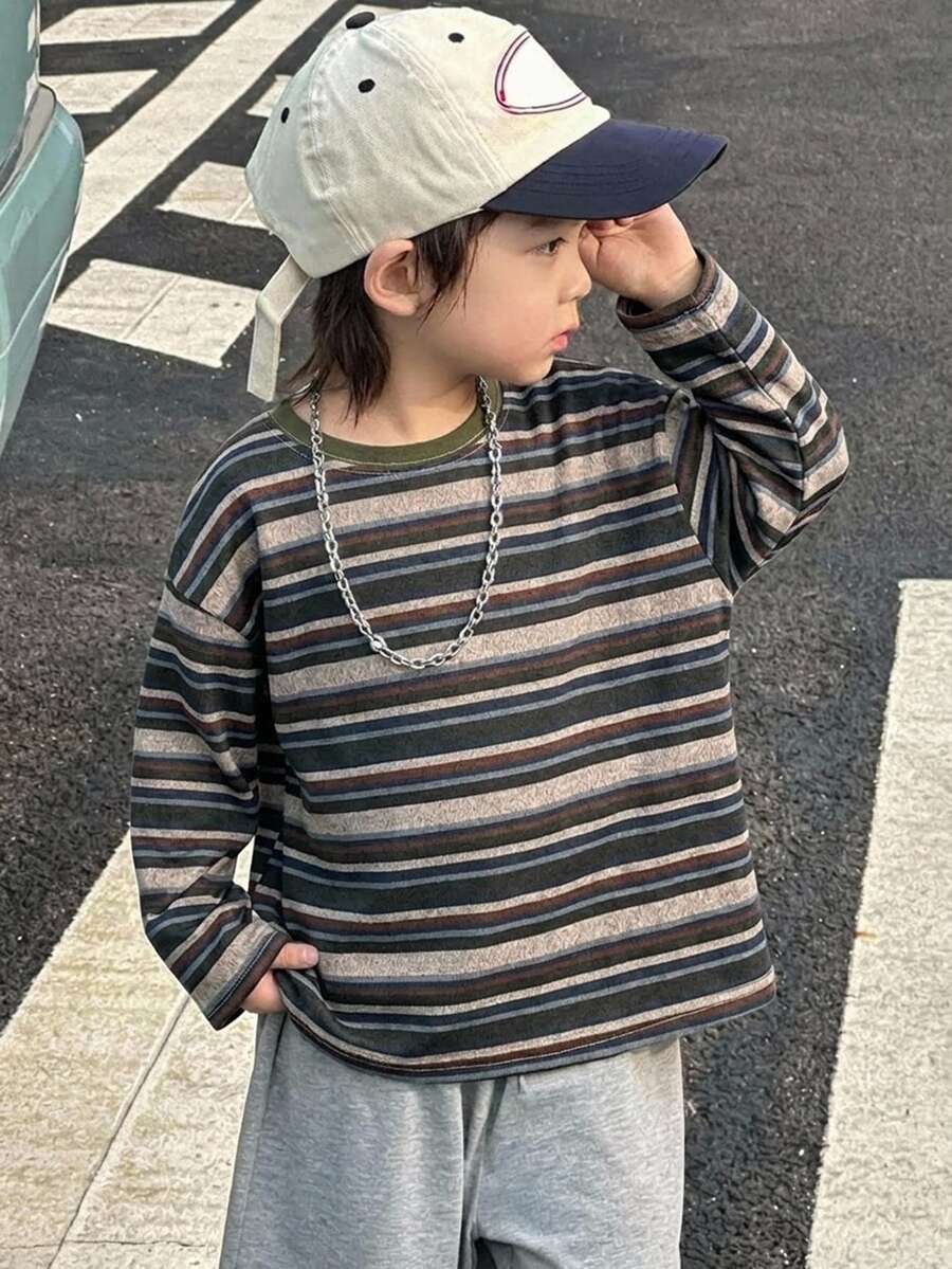 Dazy Kids 兒童秋季男童小號休閒寬鬆條紋日系森系T恤 - 彩色 - 查看 1