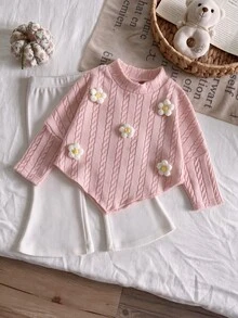 SHEIN Playful Pals 女嬰春秋針織兩件套，半高領長袖毛衣配3D貼花花朵＋荷葉邊喇叭褲，柔軟麻花針織面料，甜美可愛女嬰套裝，適合女嬰日常穿著、嬰兒攝影與休閒外出 - 粉色 - 查看 4