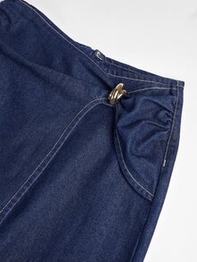 SHEIN Women's Metal Decor Asymmetric Design Wide Leg Casual Denim Jeans - Blue - View 4