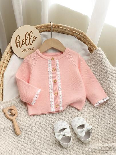 SHEIN Infant Girl Fashionable Cute Gentle Lady Versatile Lace Long Sleeve Knitted Cardigan Suitable For Outing Shopping Gathering Travel Birthday Party Matching Casual Pants Jeans Pleated Skirt Skirt Baby Girl Knitted Top Single Piece Outerwear